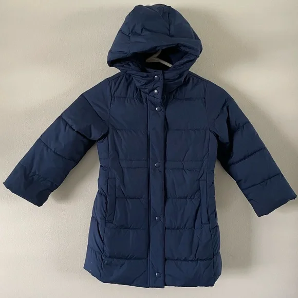J Crew Crewcuts Long Puffer Coat Jacket Girls Size 5 / XS Navy Blue Hooded Parka - Picture 4 of 11